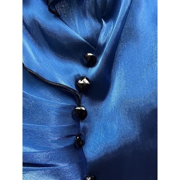 Xscape By Joanna Chen‎ Shirt Womens Medium Fitted V Neck Blue Shiny Button - Picture 5 of 9